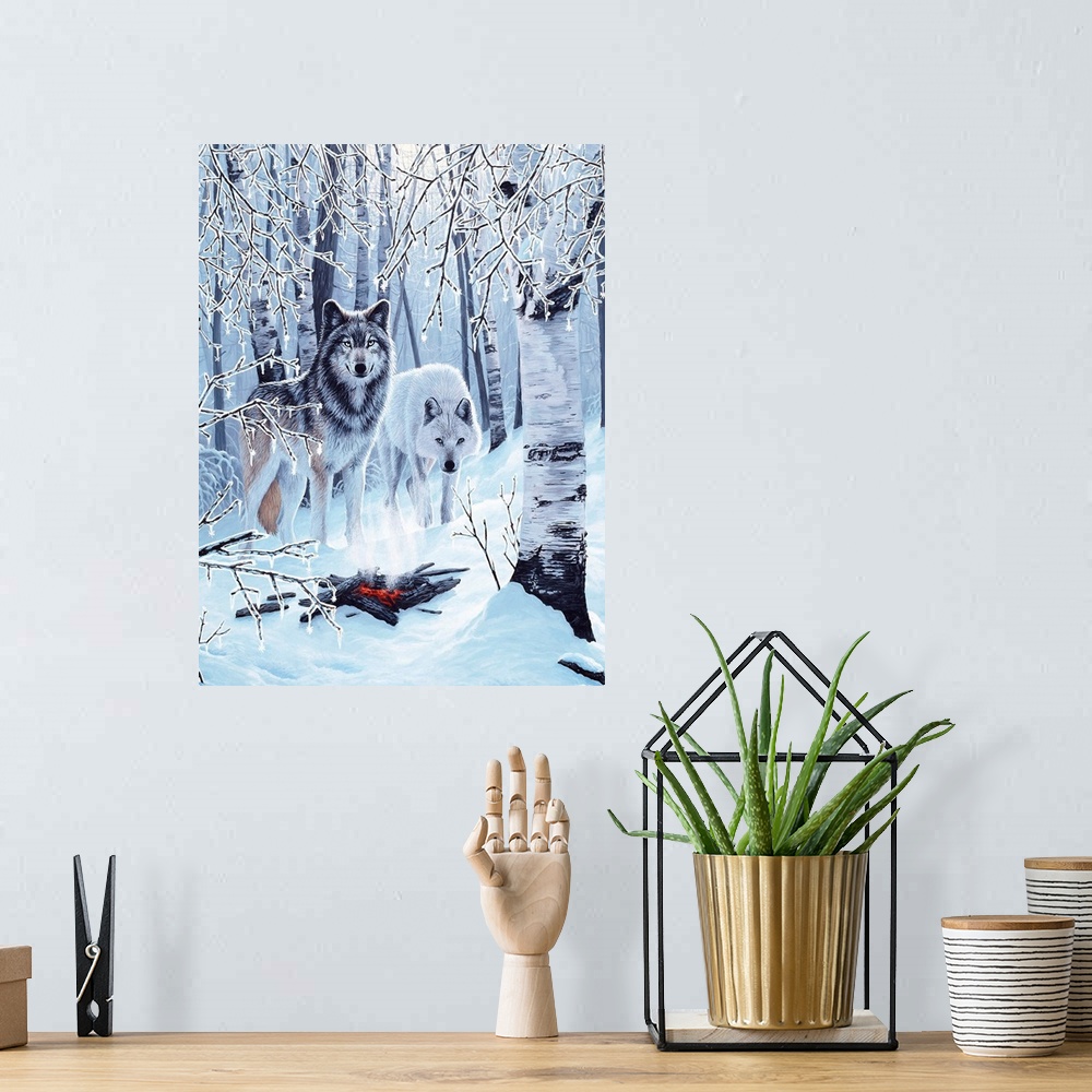 A bohemian room featuring Two wolves stand under a group of birch trees, next to a  campfire, on a snow covered ground.
