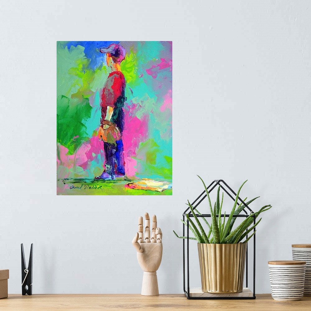A bohemian room featuring Contemporary vibrant colorful painting of a boy waiting at first base.