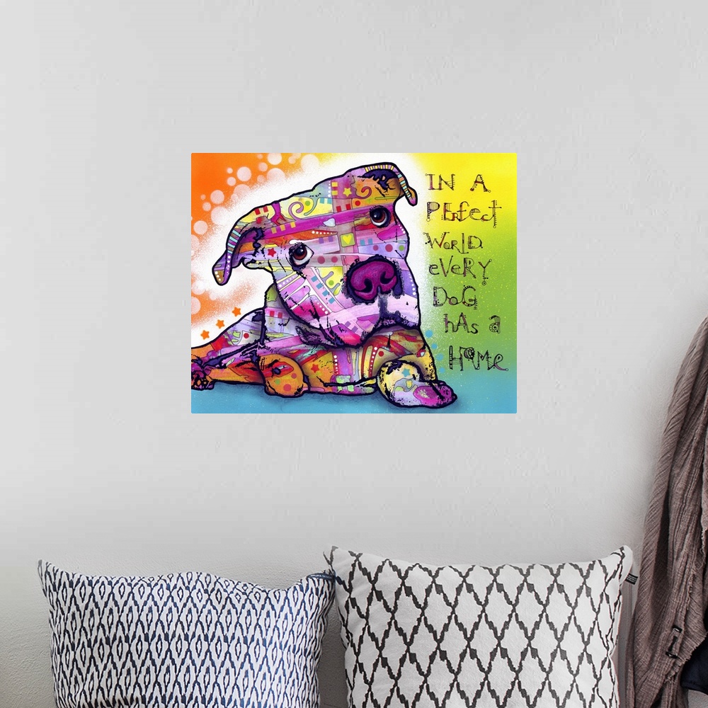 A bohemian room featuring Contemporary stencil painting of a dog filled with various colors and patterns and text, "In a pe...