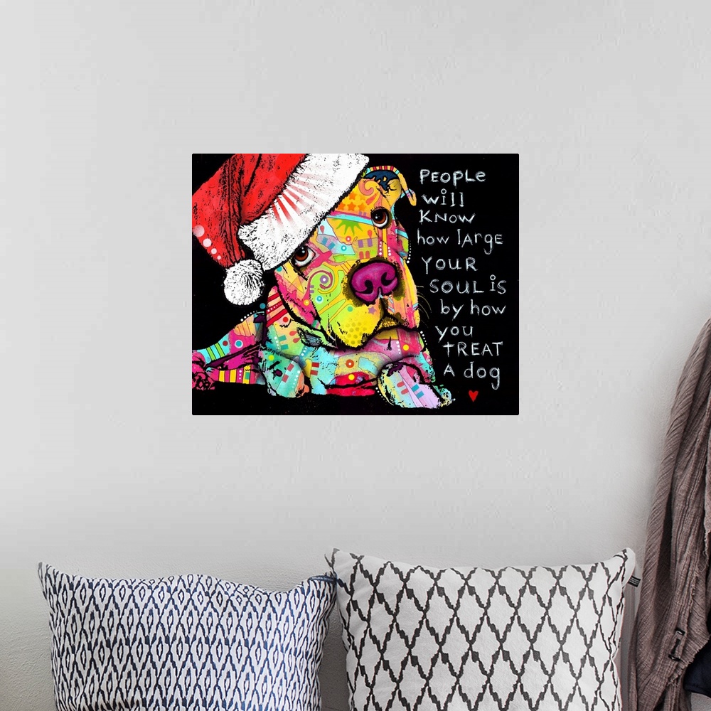 A bohemian room featuring Cute painting of a colorful dog with abstract designs wearing a Christmas hat and the phrase "Peo...