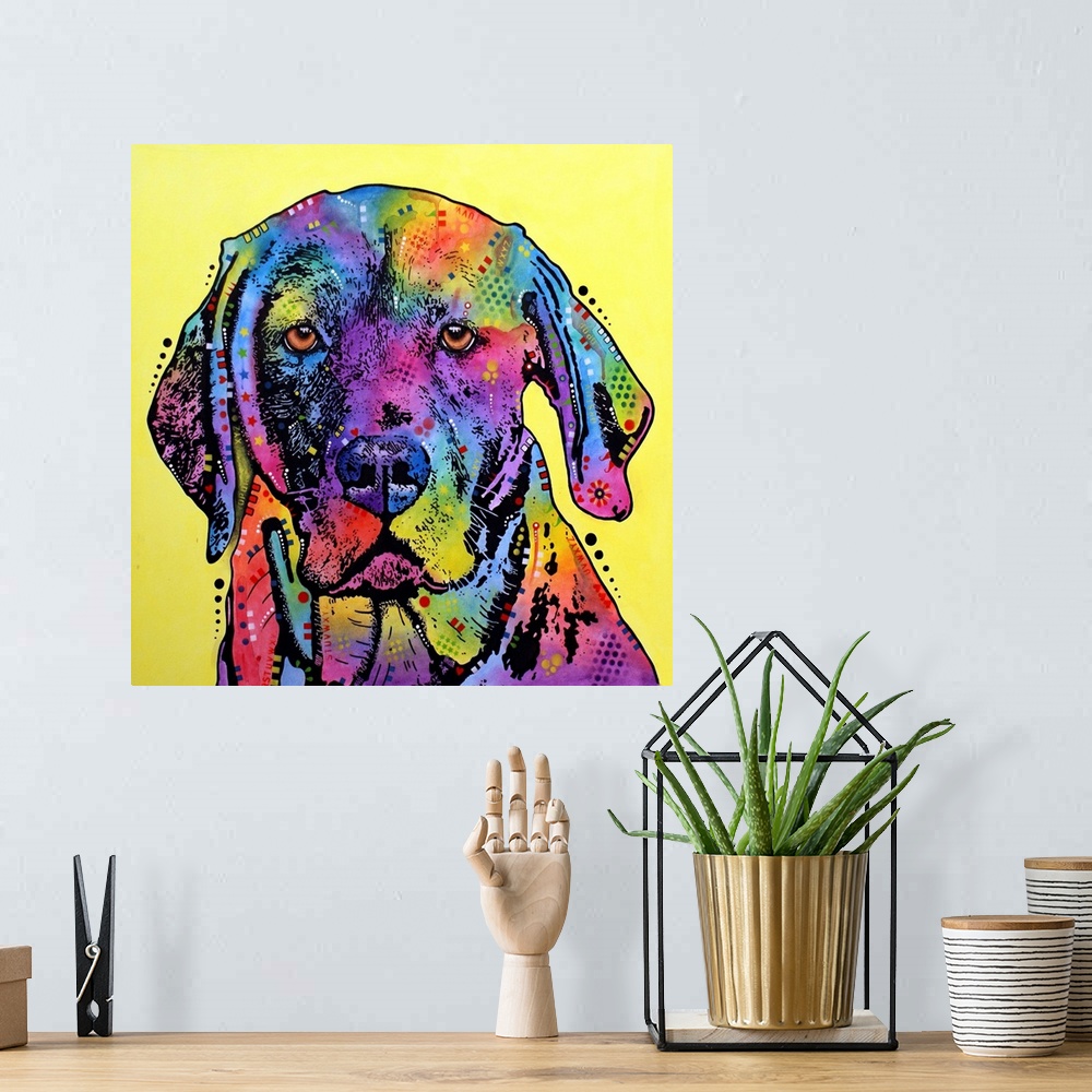 A bohemian room featuring Contemporary stencil painting of a labrador retriever filled with various colors and patterns.