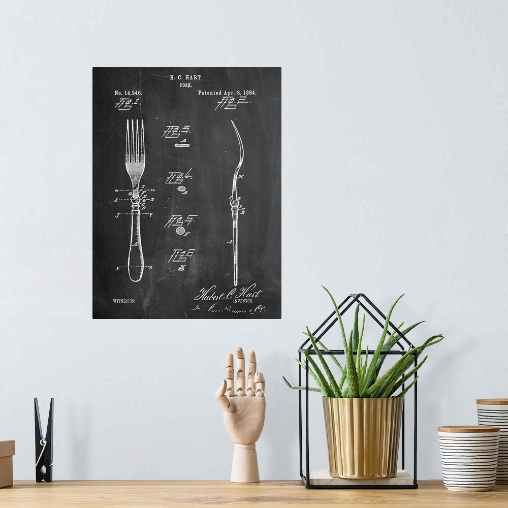 A bohemian room featuring Black and white diagram showing the parts of a fork.