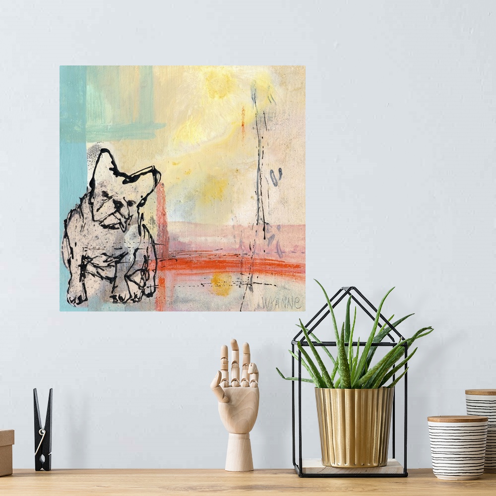 A bohemian room featuring A French Bulldog on an abstract pastel background.