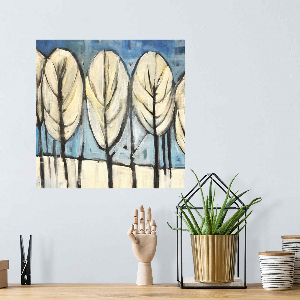 A bohemian room featuring Contemporary painting of a grove of white trees.