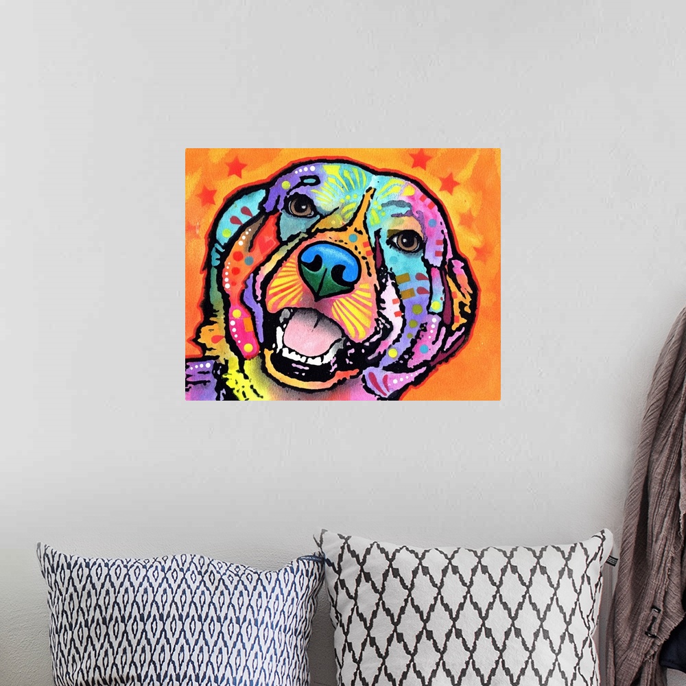 A bohemian room featuring Colorful painting of a happy dog with abstract markings on an orange background with 7 red stars.