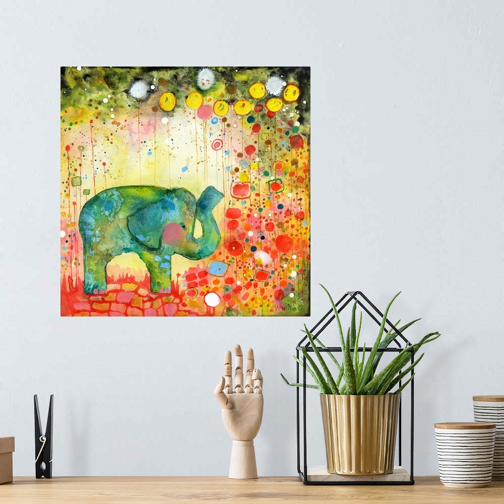 A bohemian room featuring A green watercolor elephant surrounded by colorful flowers.