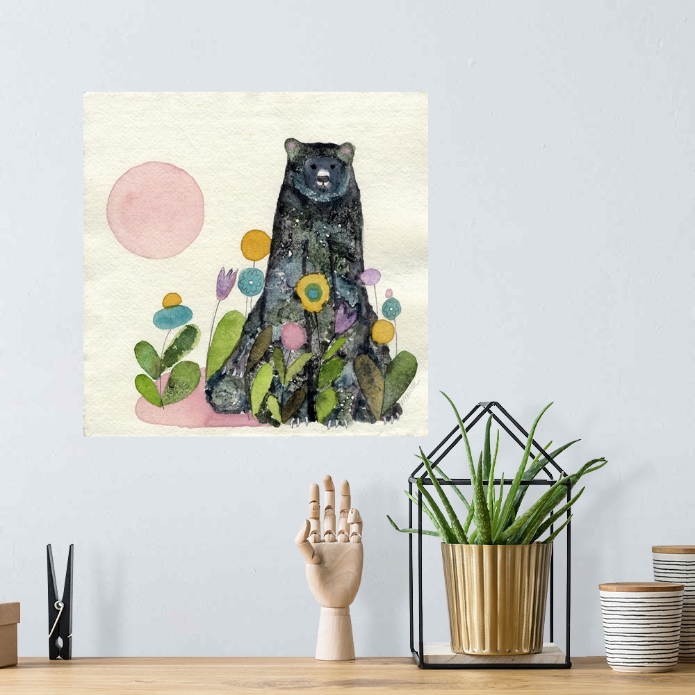 A bohemian room featuring A black bear sitting in flowers with a pink moon.