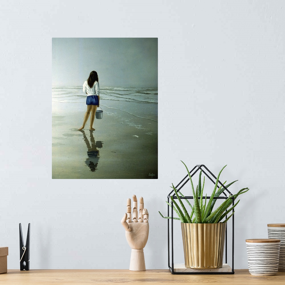 A bohemian room featuring Contemporary painting of a young woman on the beach holding a pail.