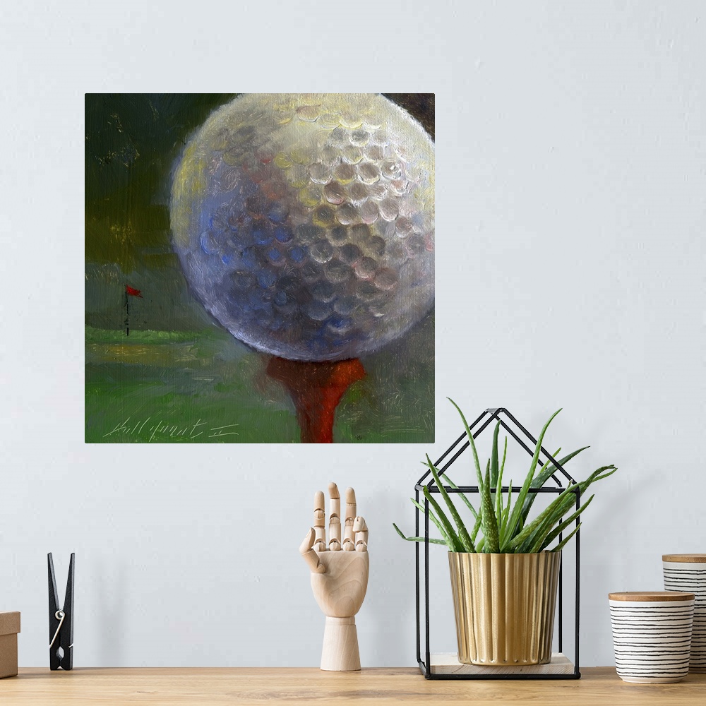 A bohemian room featuring Contemporary still-life painting of a golf ball close-up, with a red flag marking the cup in the ...