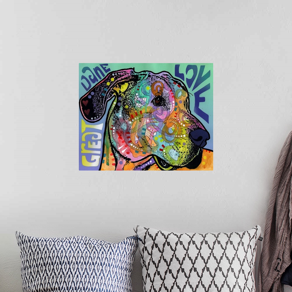 A bohemian room featuring "Great Dane Love" written around a colorful painting of a Great Dane with abstract markings.