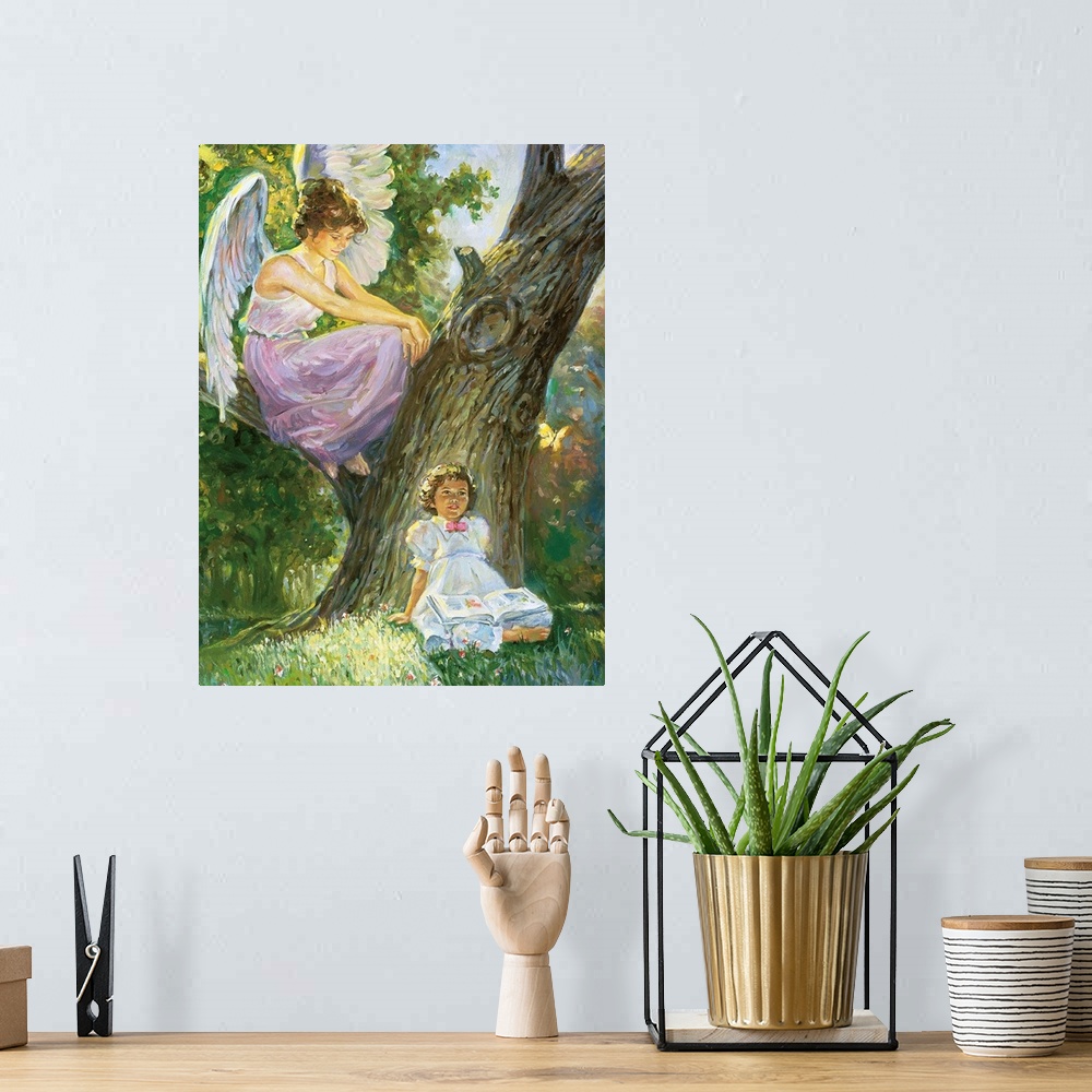 A bohemian room featuring A guardian angel is sitting in a tree, looking after a little girl who is sitting on the ground, ...
