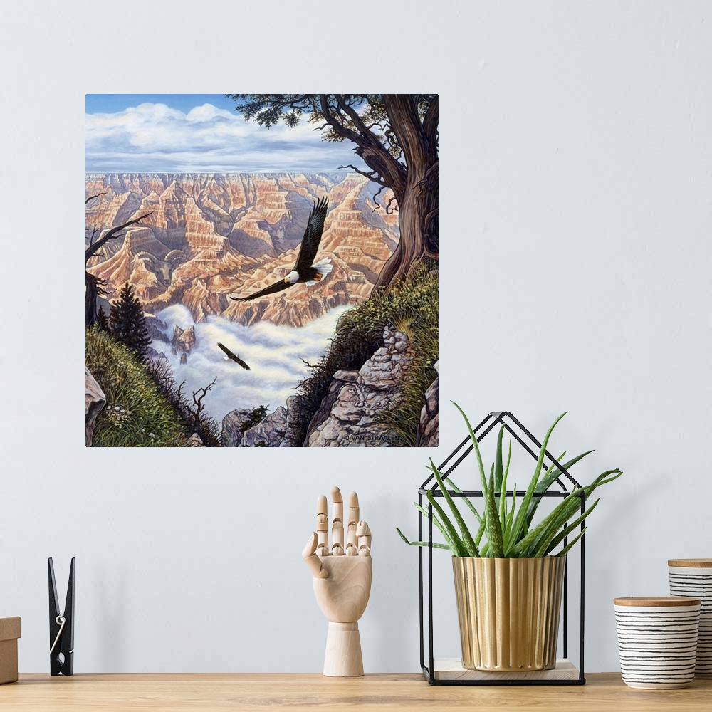 A bohemian room featuring Eagles flying over a canyon.