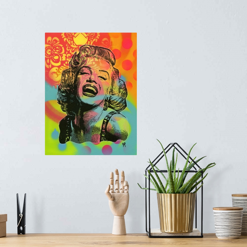A bohemian room featuring Pop art style illustration of Marilyn Monroe with a playful and vibrant spray painted background.