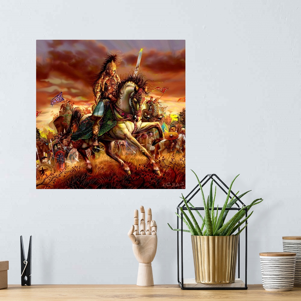 A bohemian room featuring Epic warrior on horseback at the head of an army.
