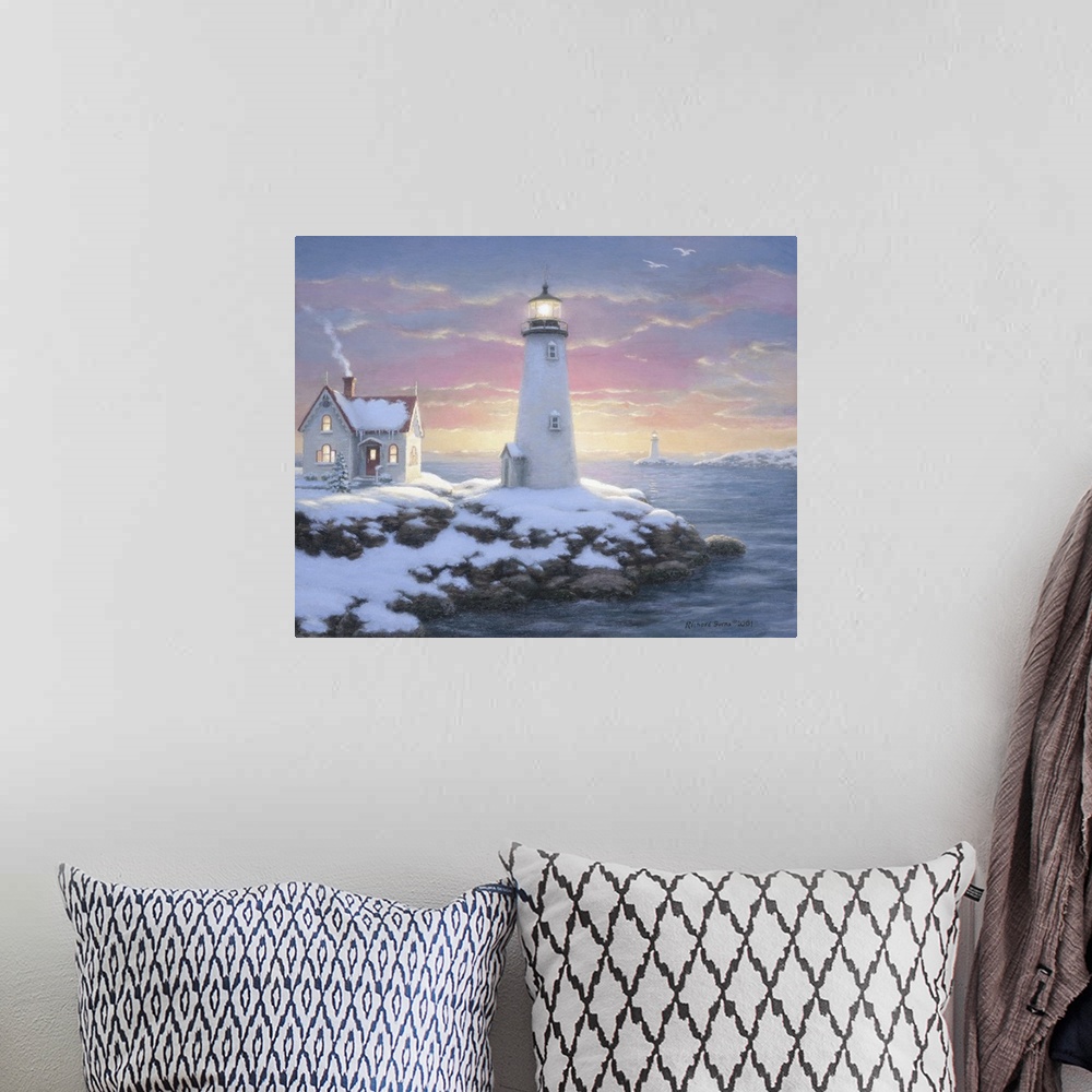 A bohemian room featuring Contemporary painting of seaside cottage and lighthouse in winter.
