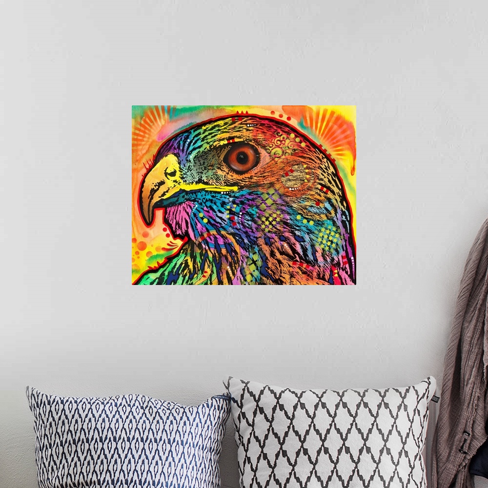 A bohemian room featuring Close-up illustration of a hawk covered in colorful designs.