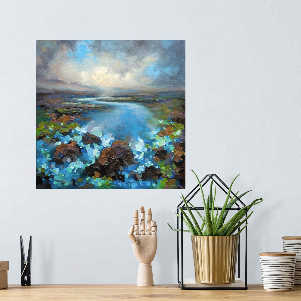 A bohemian room featuring Nature painting of storm sky over river and abstract landscape giclee art print by contemporary p...