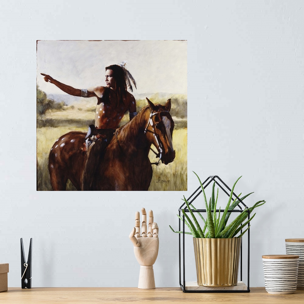 A bohemian room featuring Contemporary western theme painting of a native American man on horseback pointing to something i...