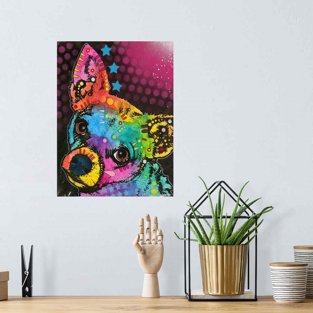 A bohemian room featuring Colorful painting of a small dog with abstract designs all over.