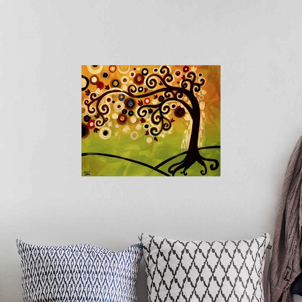A bohemian room featuring Contemporary painting of a tree with colorful orbs flowing from its branches and a green and yell...
