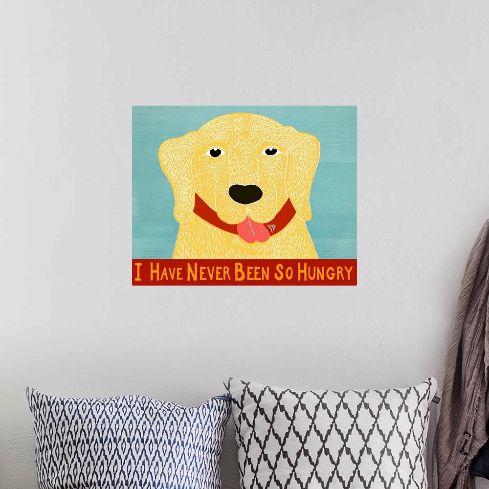 A bohemian room featuring Illustration of yellow lab with the phrase "I Have Never Been So Hungry" written on the bottom.
