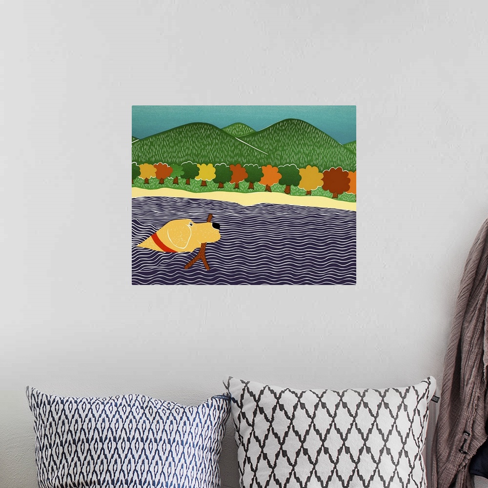 A bohemian room featuring Illustration of a yellow lab swimming in water with a stick in its mouth and Fall trees and rolli...
