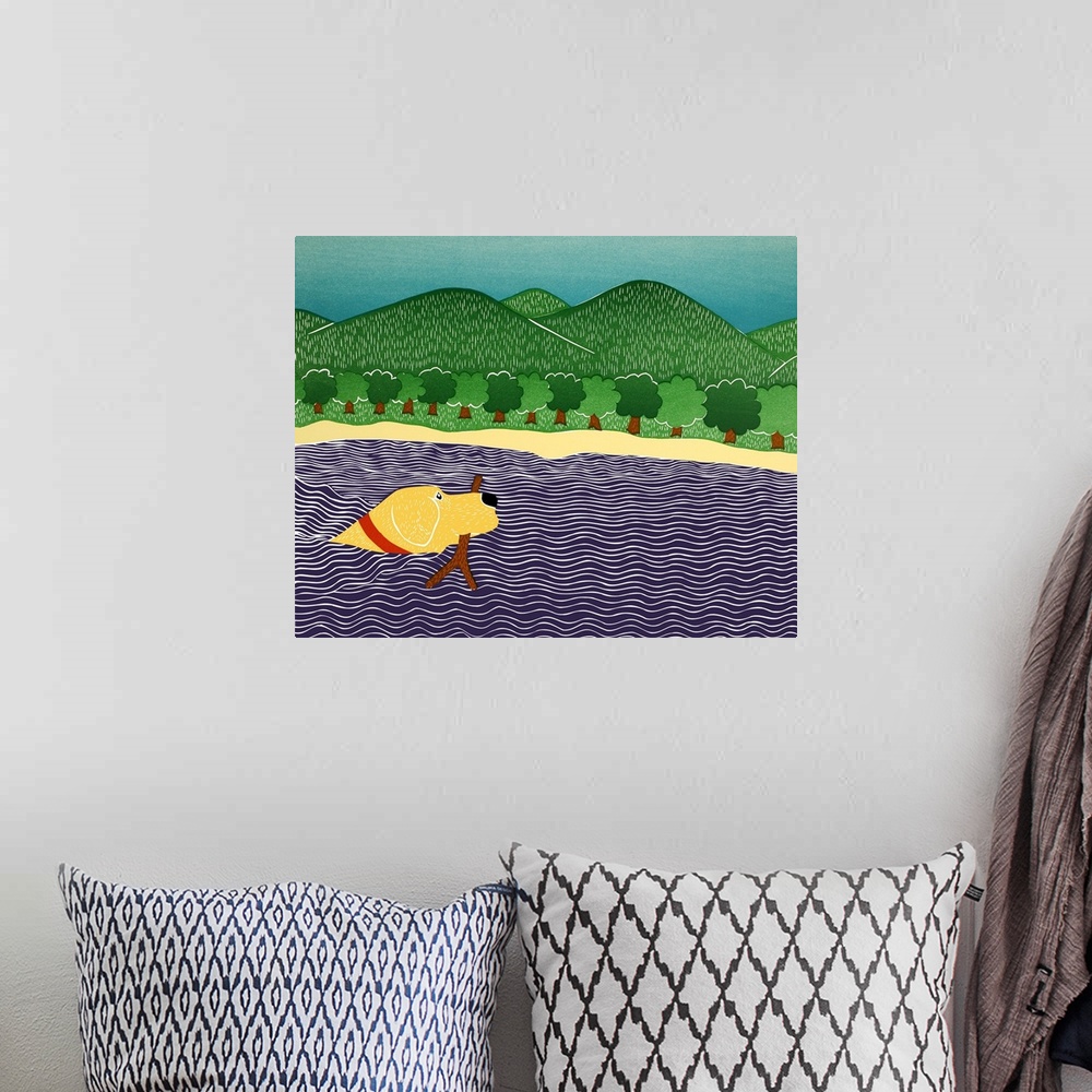 A bohemian room featuring Illustration of a yellow lab swimming in water with a stick in its mouth and rolling green hills ...