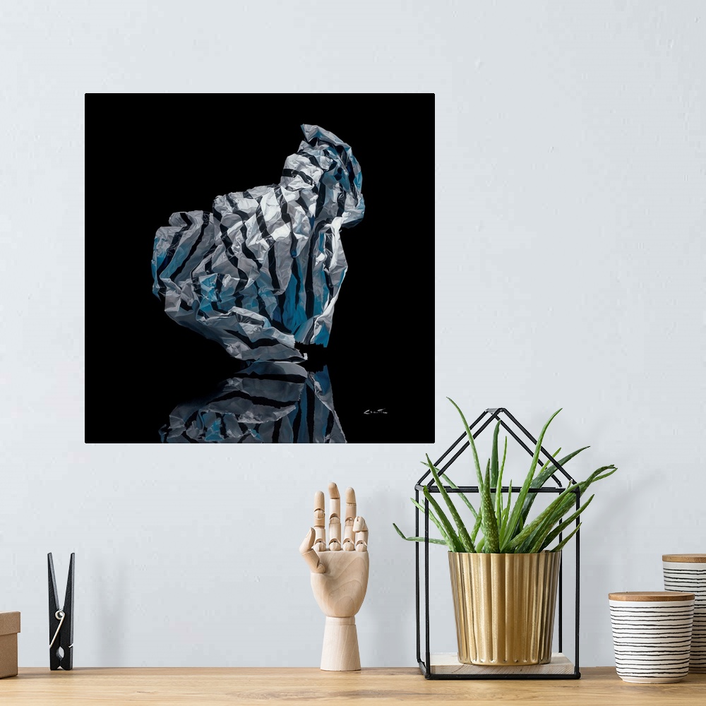 A bohemian room featuring Contemporary vivid realistic still-life painting of a crumpled up piece of black striped tissue p...