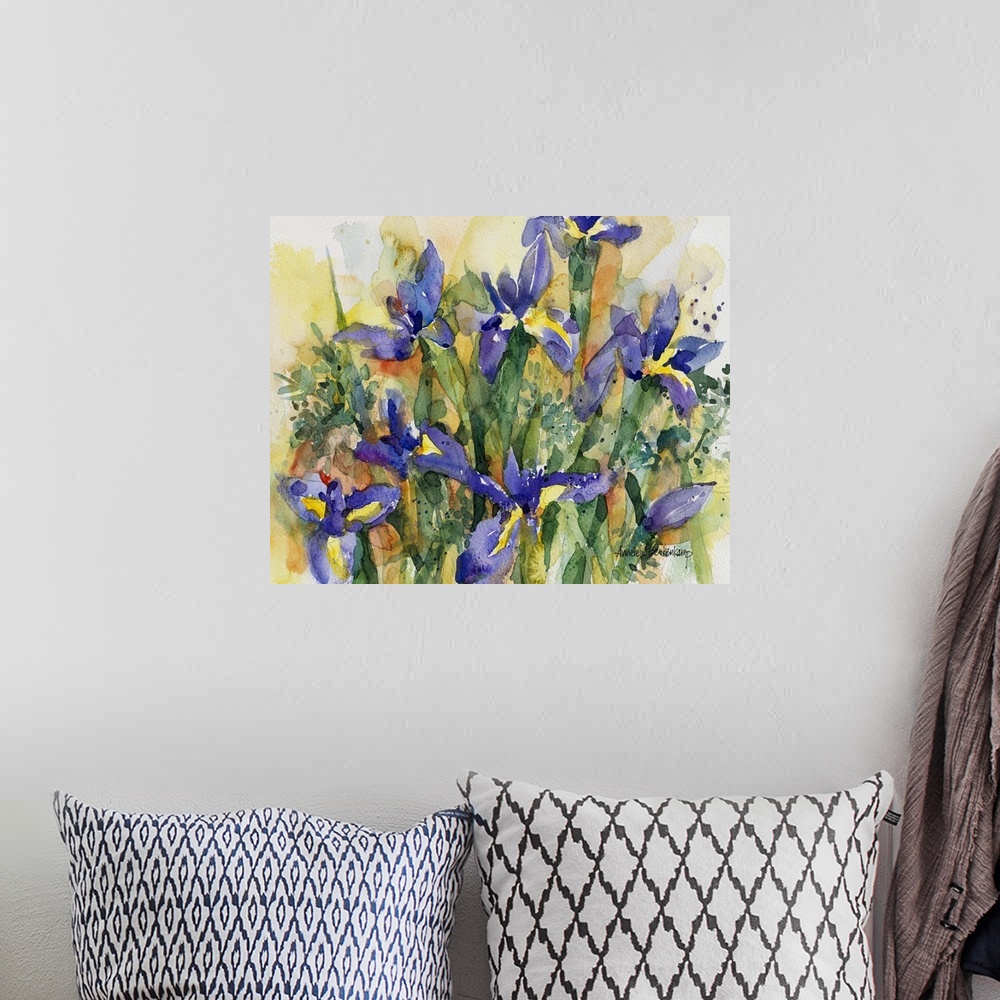 A bohemian room featuring Contemporary watercolor painting of purple flowers.