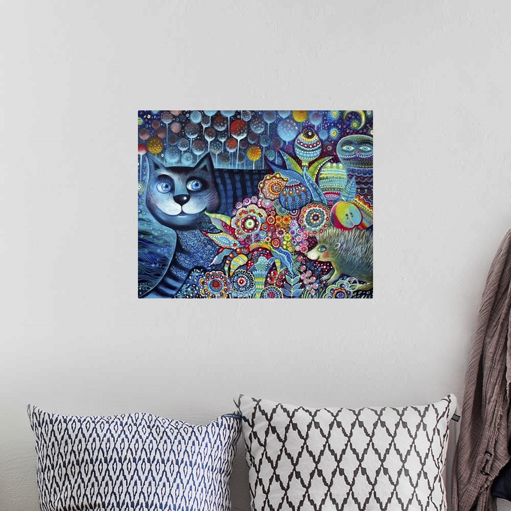 A bohemian room featuring Watercolor painting of a deep blue cat peeking out from behind a bush of colorful flowers.