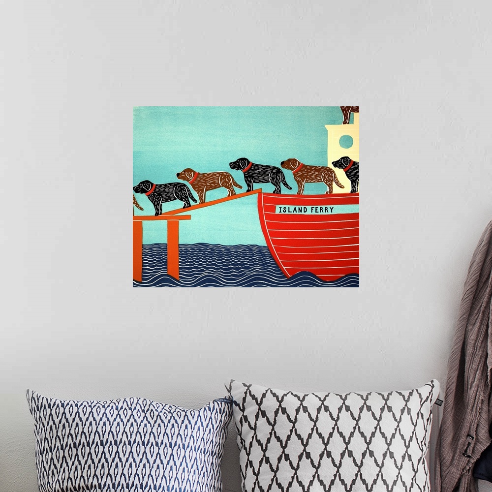 A bohemian room featuring Illustration of a pattern of black and chocolate labs walking off of a ferry named the "Island Fe...