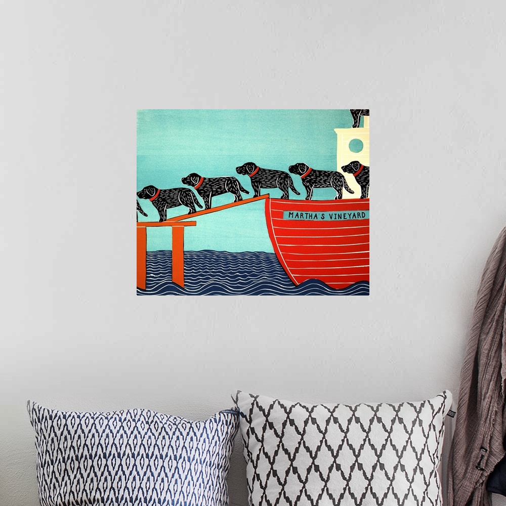 A bohemian room featuring Illustration of a pattern of black and chocolate labs walking off of a Martha's Vineyard ferry.