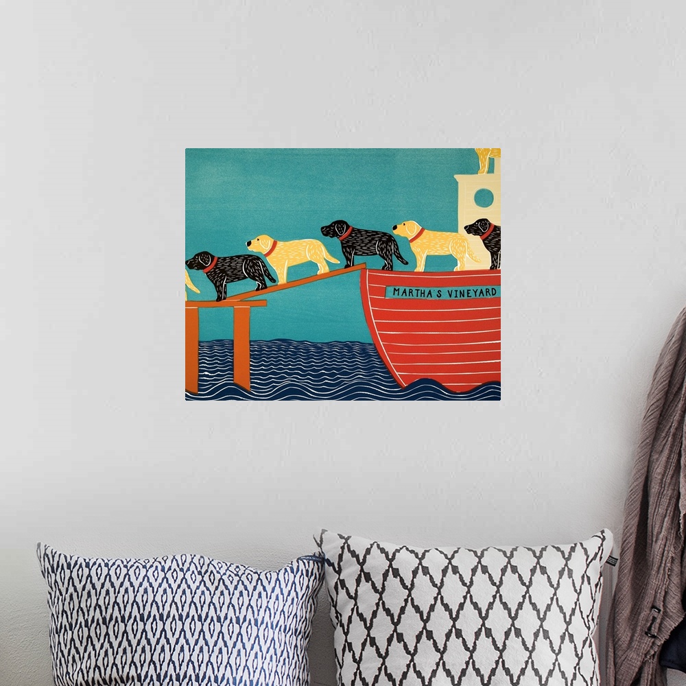 A bohemian room featuring Illustration of a pattern of black and chocolate labs walking off of a Martha's Vineyard Ferry.