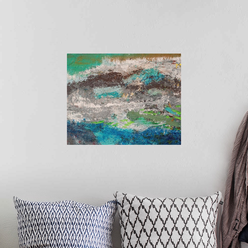 A bohemian room featuring Contemporary abstract painting resembling an aerial view of a seascape.