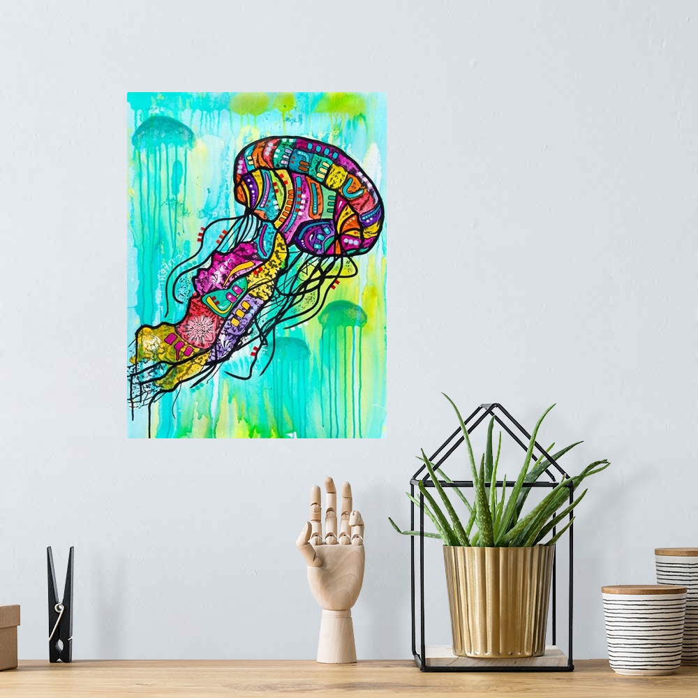 A bohemian room featuring Contemporary stencil painting of a jellyfish filled with various colors and patterns.