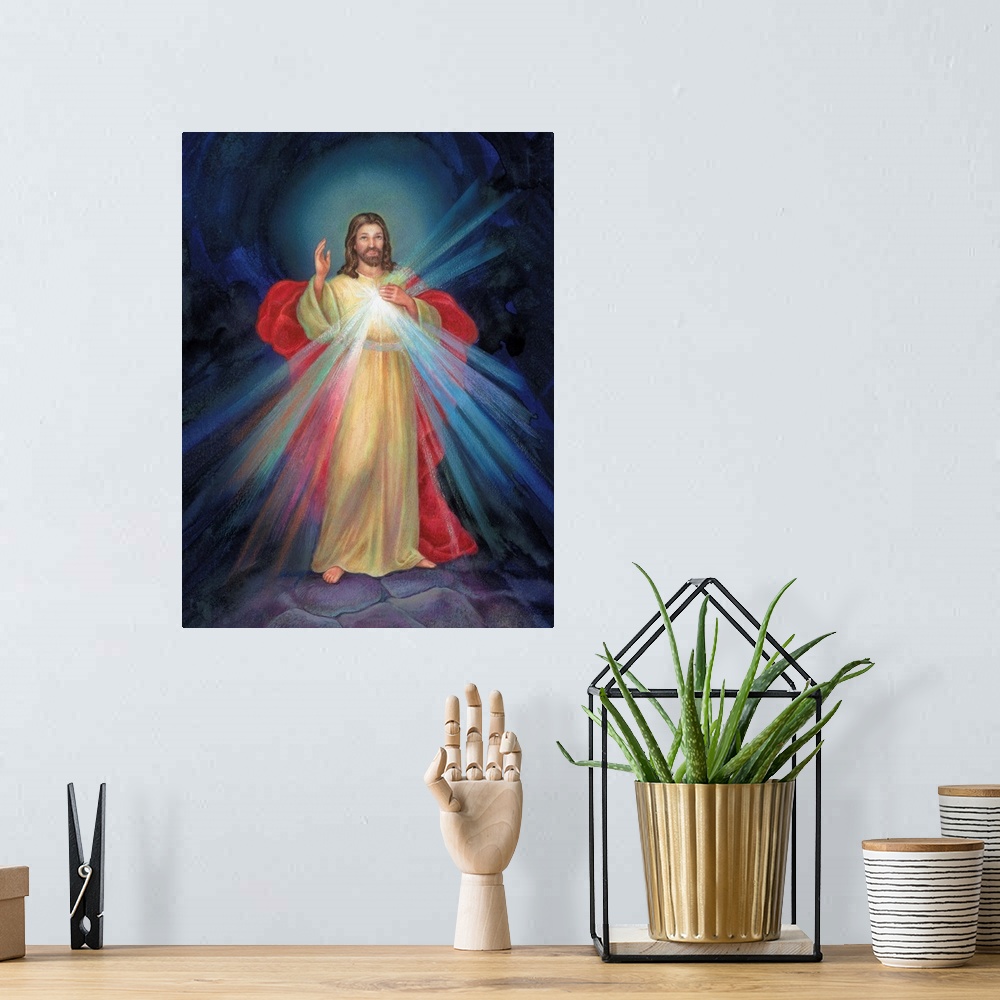 A bohemian room featuring Jesus with light coming from his chest