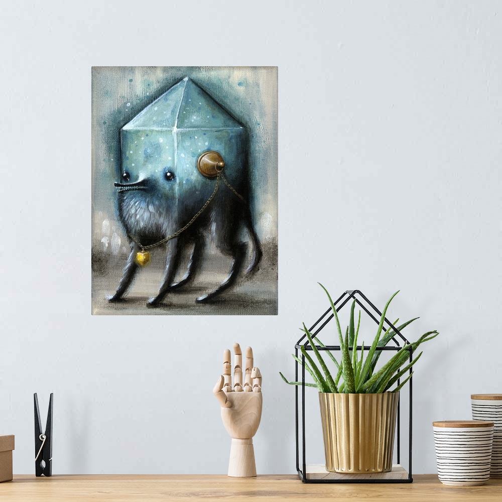 A bohemian room featuring Surrealist painting of an animal with a glass geometric blue glowing shape for a head.