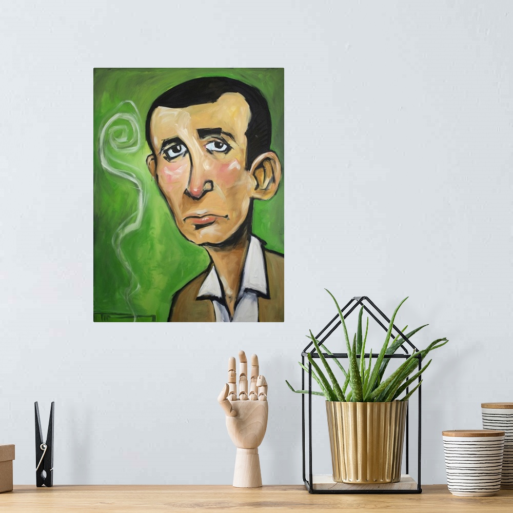 A bohemian room featuring Contemporary portrait of Rat Pack singer Joey Bishop with a cigarette.