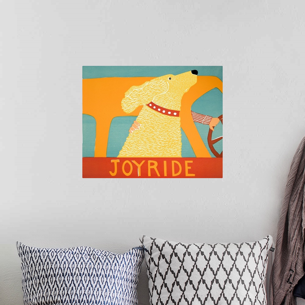 A bohemian room featuring Illustration of a yellow lab riding in a car with its head out of the window and the phrase "Joyr...