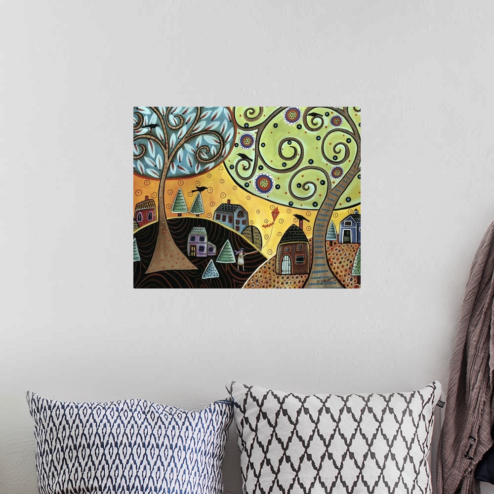 A bohemian room featuring Contemporary painting of a woman flying a kite under two large trees with curly branches in a lit...