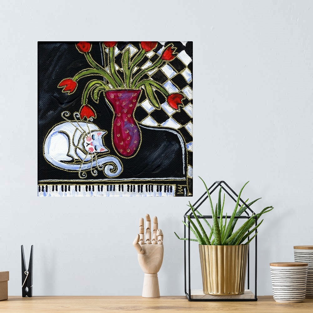 A bohemian room featuring A white cat curled up on top of a piano, next to a vase.