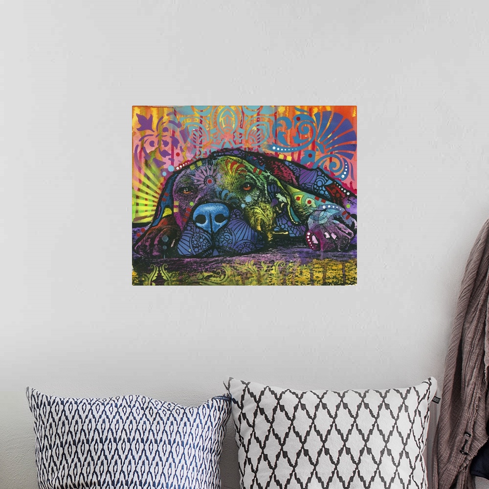 A bohemian room featuring Pop art style painting of a lazy dog laying down on the ground with various colors and designs al...