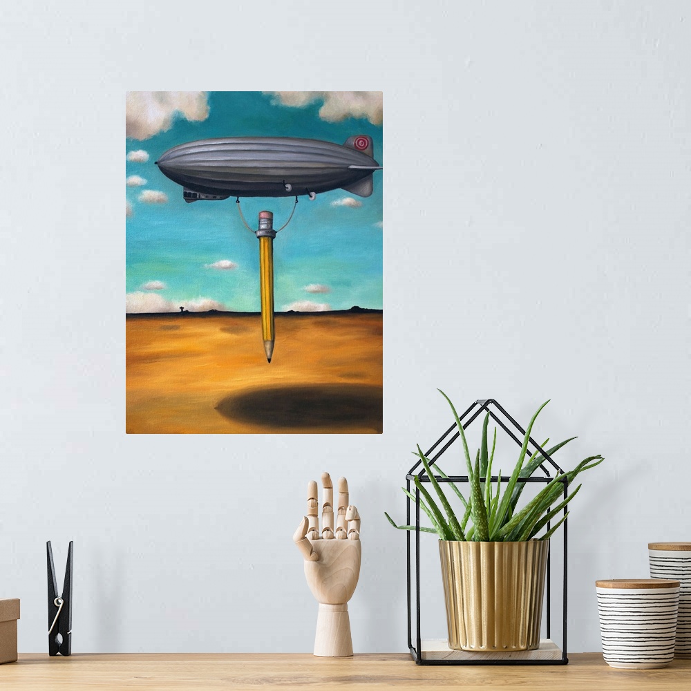 A bohemian room featuring Surrealist painting of a zeppelin carrying a pencil above an arid desert landscape.