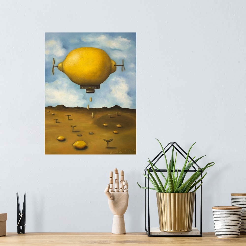 A bohemian room featuring Surrealist painting of a lemon zeppelin above a desert landscape.