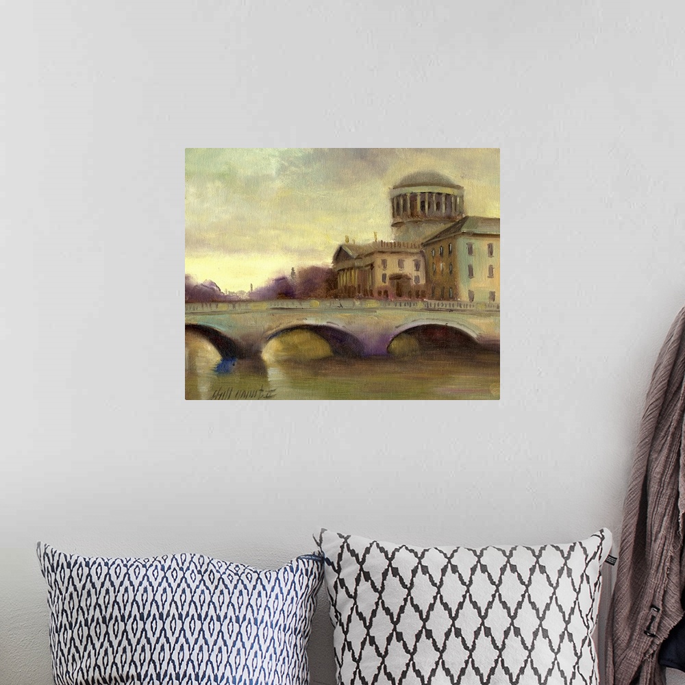A bohemian room featuring Contemporary painting of a scenic view of a town in Ireland.