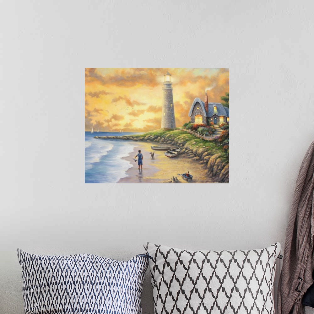 A bohemian room featuring A boy and his dog flying a kite on the beach near a lighthouse.