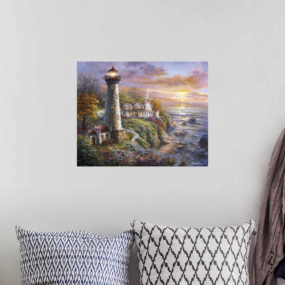 A bohemian room featuring Painting of a lighthouse at sunset. Product is a painting reproduction only, and does not contain...
