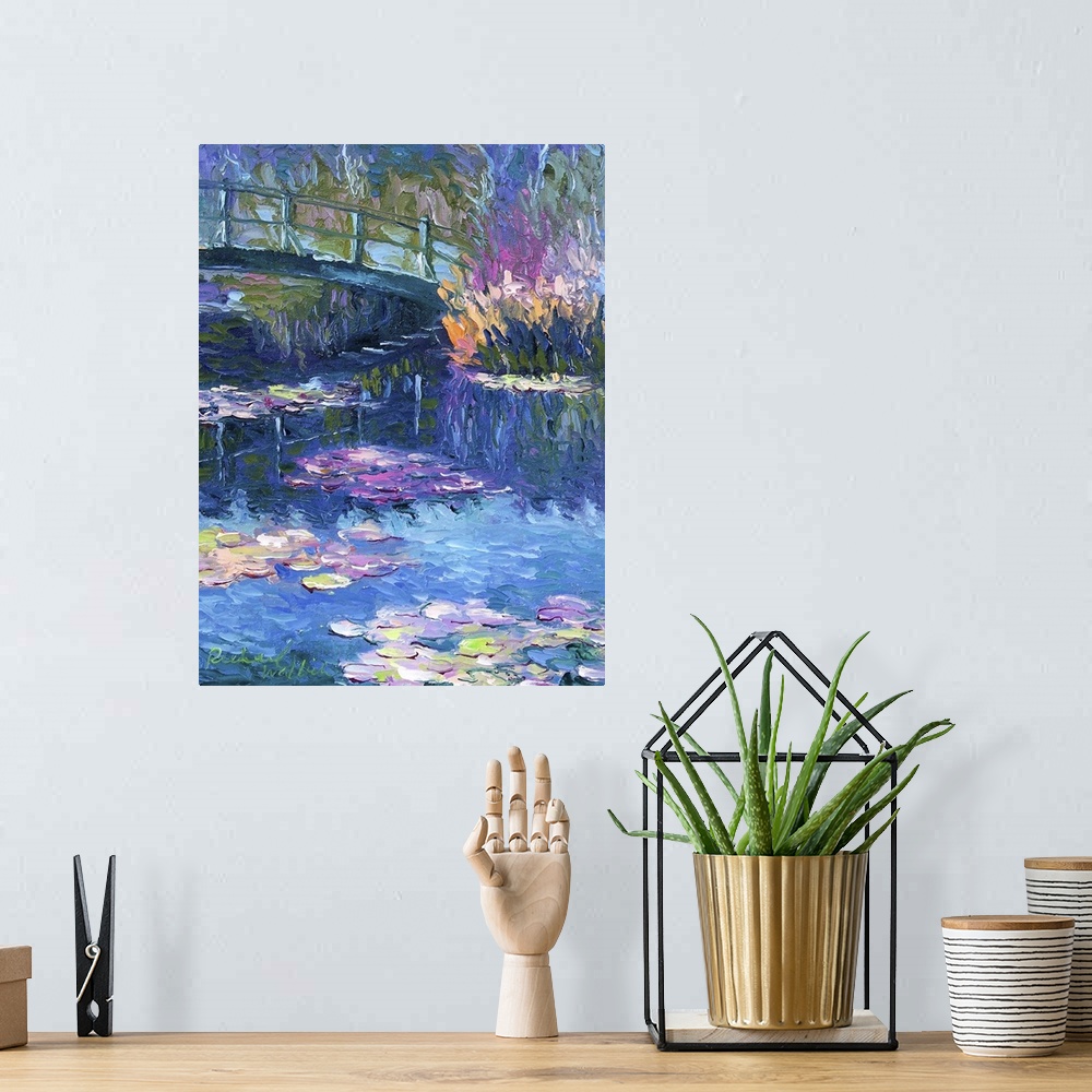 A bohemian room featuring Contemporary painting of water lilies under a bridge in a pond.