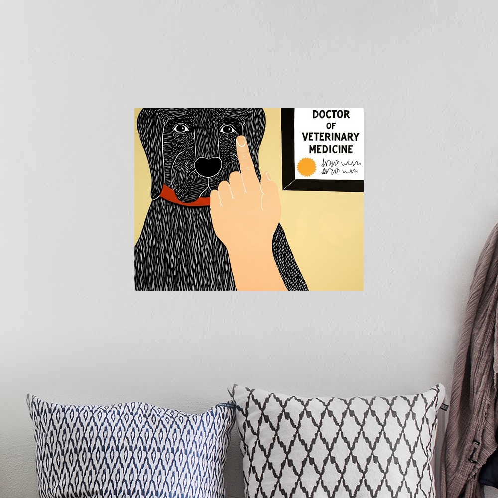 A bohemian room featuring Illustration of a black lab getting a check-up at the vet.