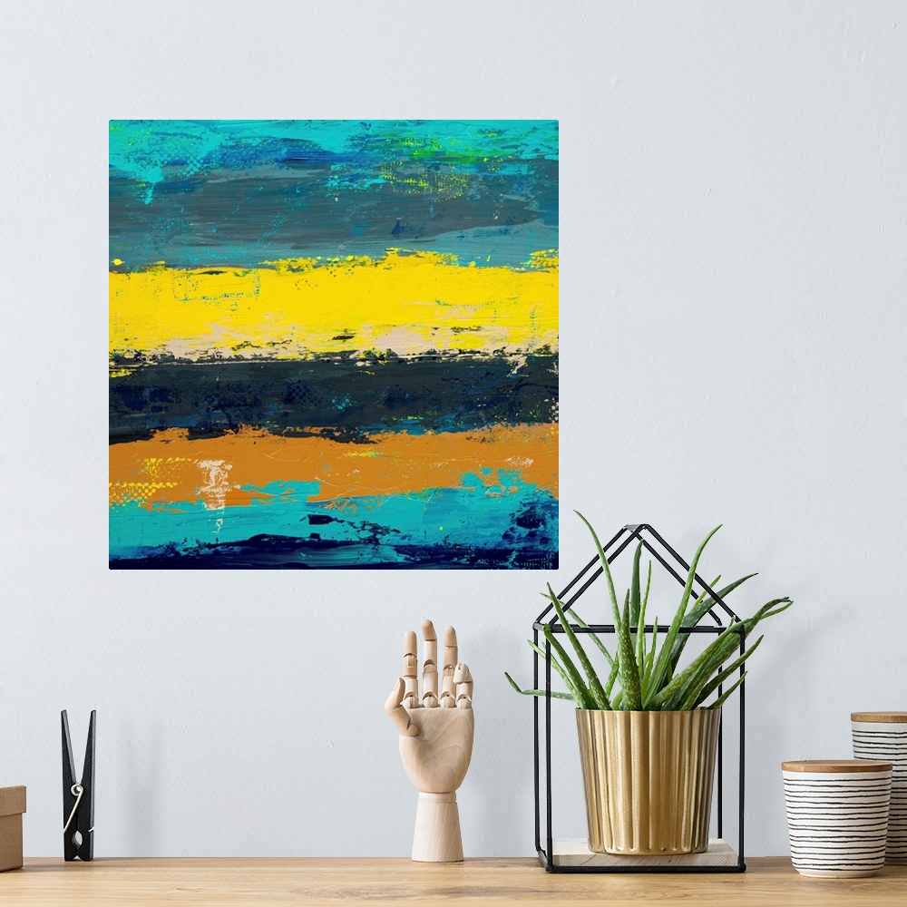 A bohemian room featuring Contemporary abstract painting in yellow and turquoise.